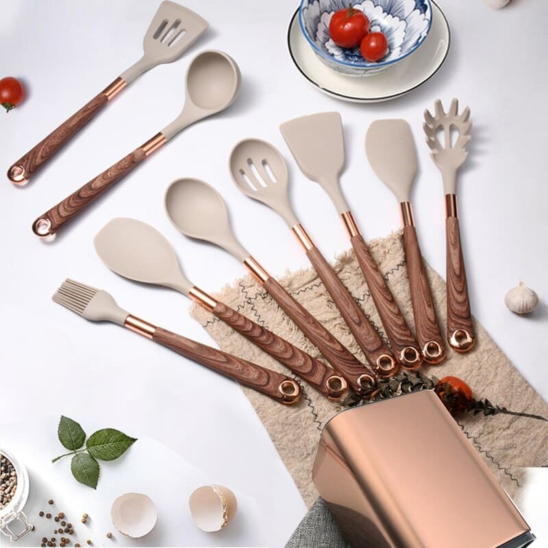 Kit Utensílios de Cozinha Silicone 10 Peças Com Organizador Rosé - Zeraffe | Novidades exclusivas e produtos que facilitam sua vida