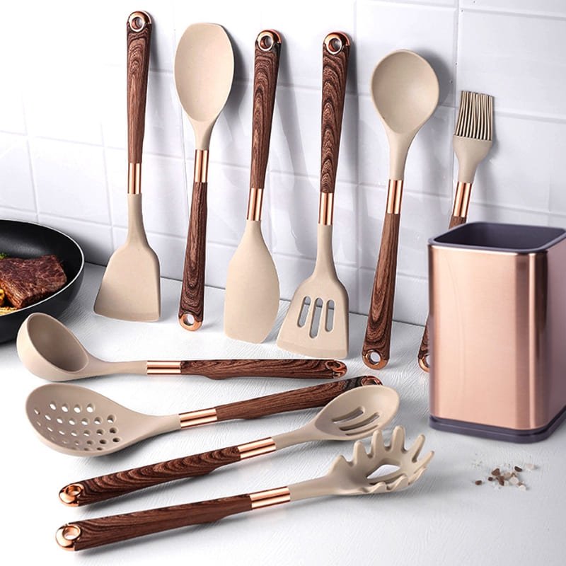 Kit Utensílios de Cozinha Silicone 10 Peças Com Organizador Rosé - Zeraffe | Novidades exclusivas e produtos que facilitam sua vida