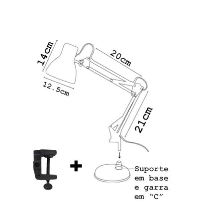 Luminária de Mesa Escritório Articulada Com Fixador de Mesa - Zeraffe