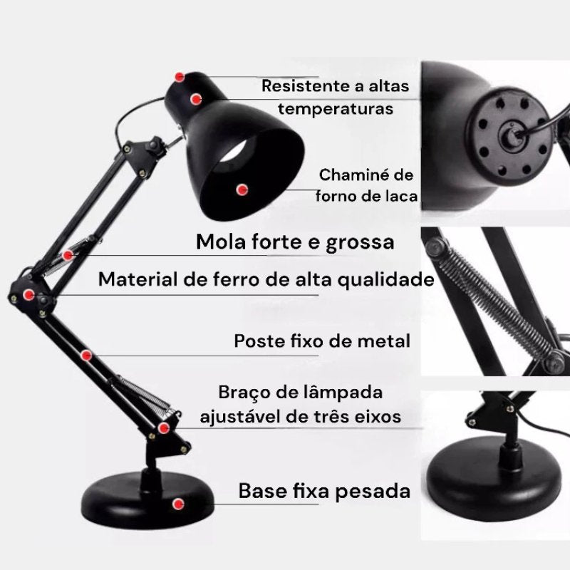 Luminária de Mesa Escritório Articulada Com Fixador de Mesa - Zeraffe