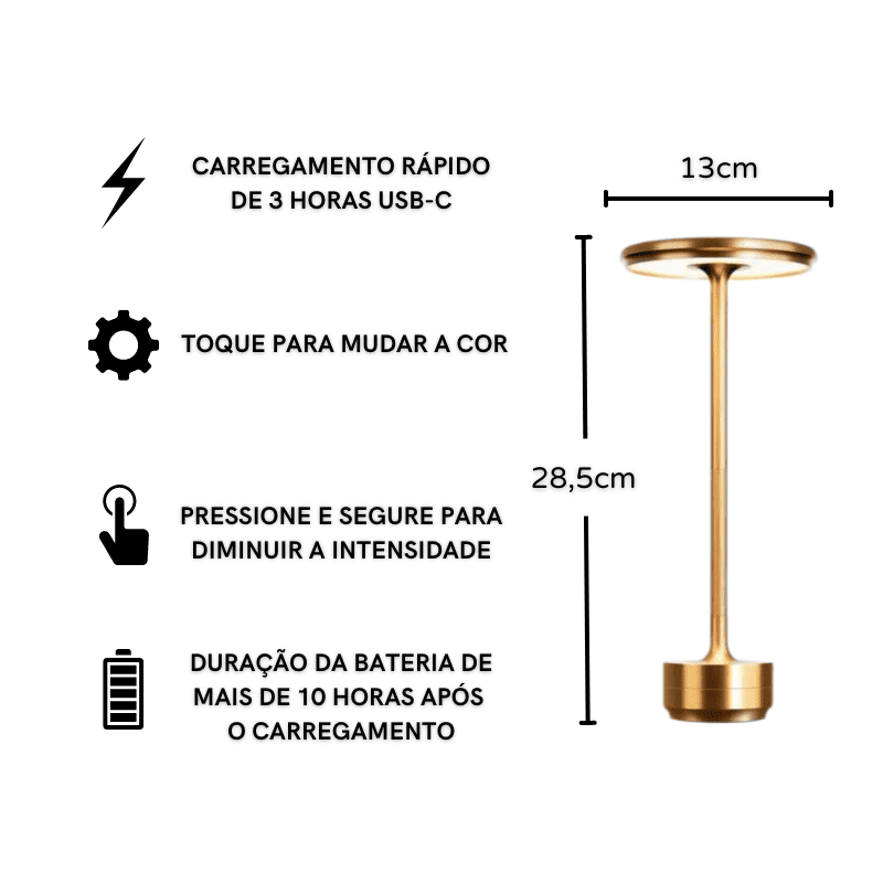 Luminária de Mesa LED Sem Fio Metal Recarregável Zeraffe - Zeraffe | Novidades exclusivas e produtos que facilitam sua vida