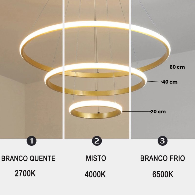 Lustre LED 3 Anéis pendentes 220V - Dimerizável para Sala de Estar e Jantar - Zeraffe