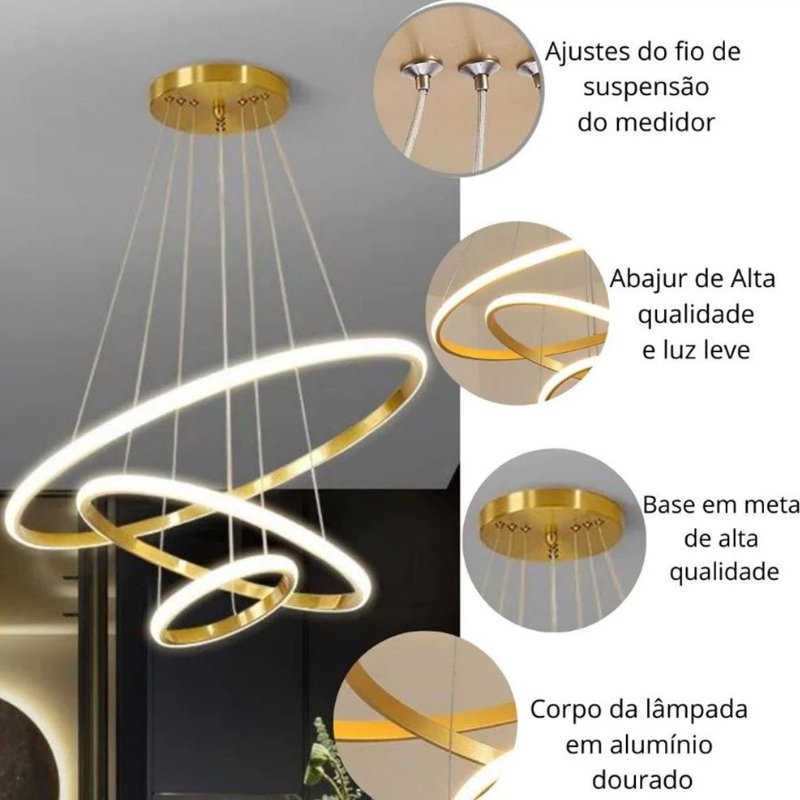 Lustre LED 3 Anéis pendentes 220V - Dimerizável para Sala de Estar e Jantar - Zeraffe